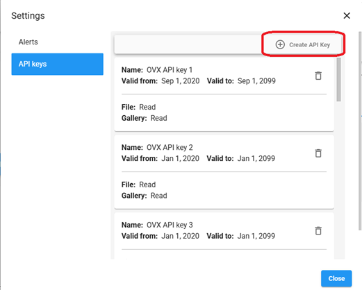 Create API Key dialog location in Omnivex Ink