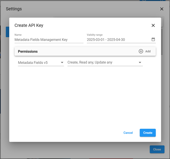 Create API Key dialog in Omnivex Ink
