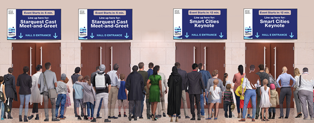 screens directing crowds at a convention centre